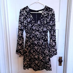 Long Bell Sleeve Floral Faux-Wrap Dress